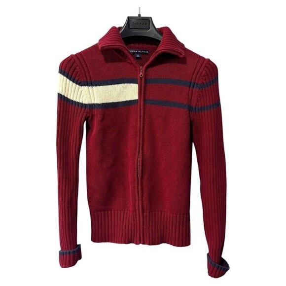 Tommy Hilfiger Full-Zip Sweater Mens Size small Red With‎ Navy Stripe Cotton - Picture 1 of 4